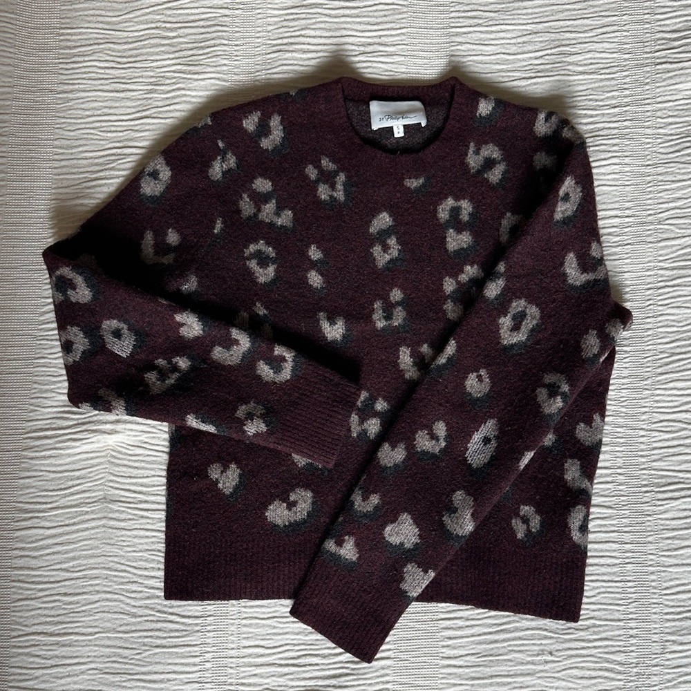 3.1 Phillip Lim Leopard Print Wool Sweater - Burgundy and Gray